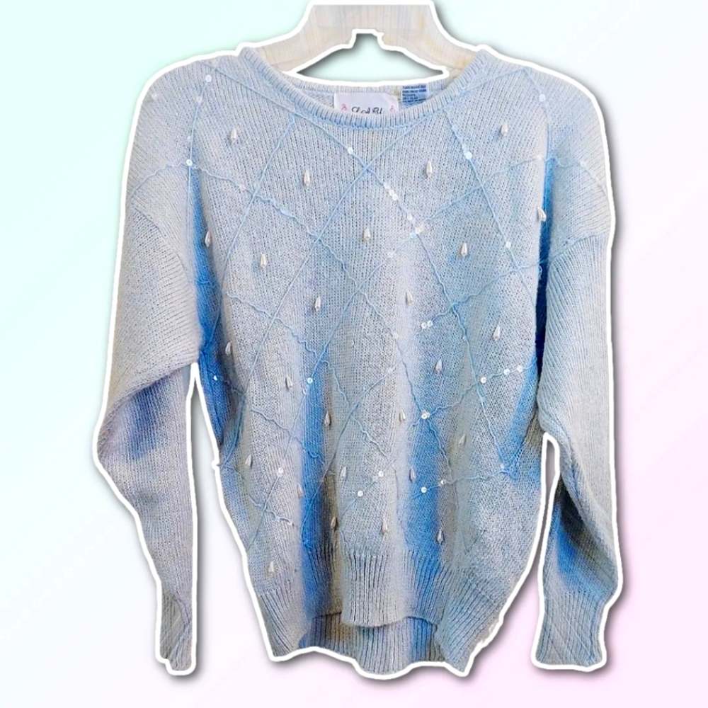 L.A. Chic | Embroidered Cardigan Sweater | Gemstones | Large | Light Blue |​